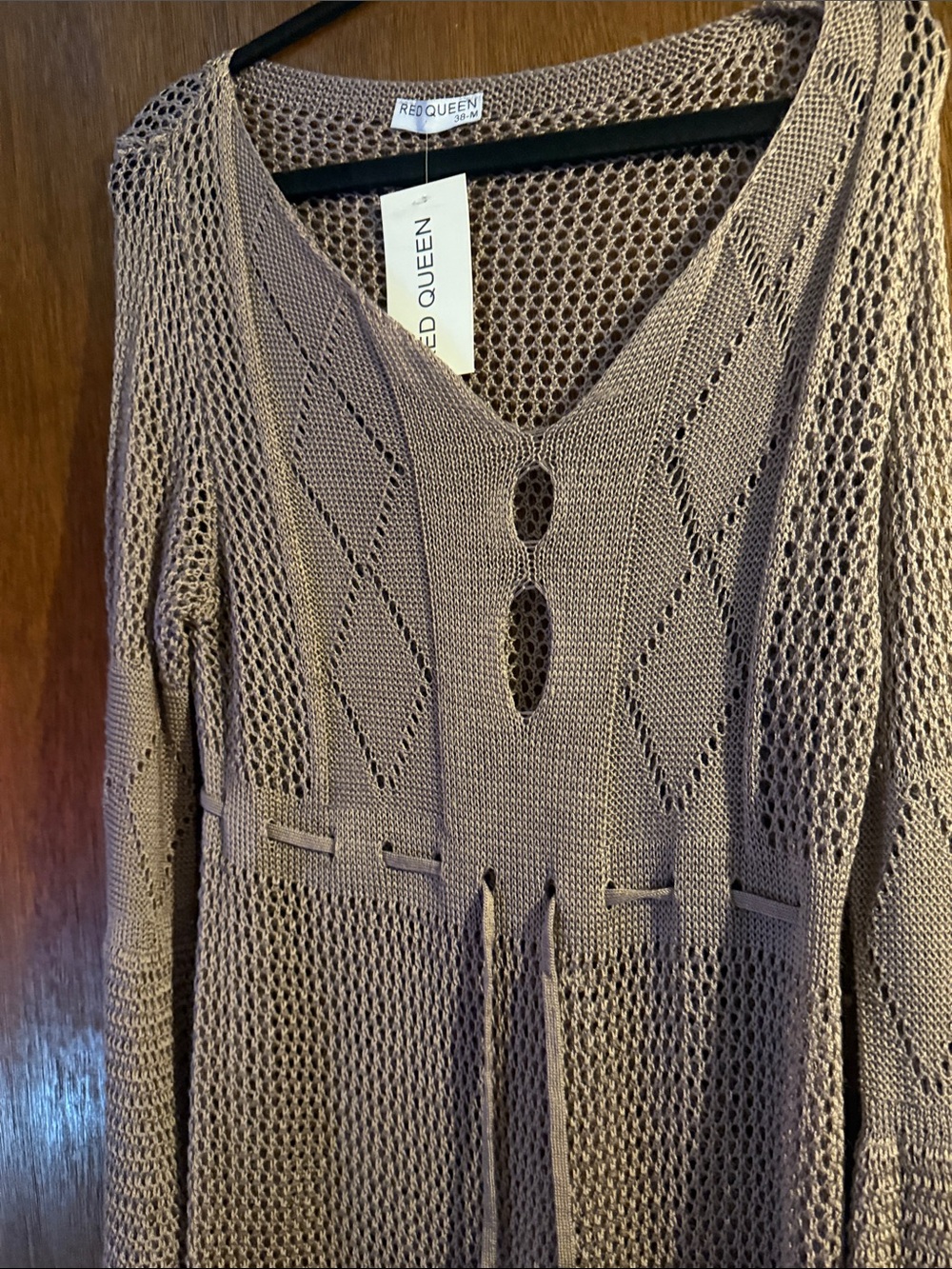 Red Queen Women's Taupe Open-Knit V-Neck Sweater Dress